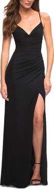 La Femme Chic Long Net Jersey Dress with Lace Up Back