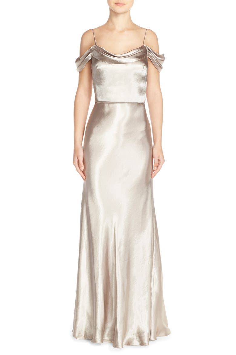 Sabine Draped Pleat Neck Charmeuse Gown, Main, color, LATTE