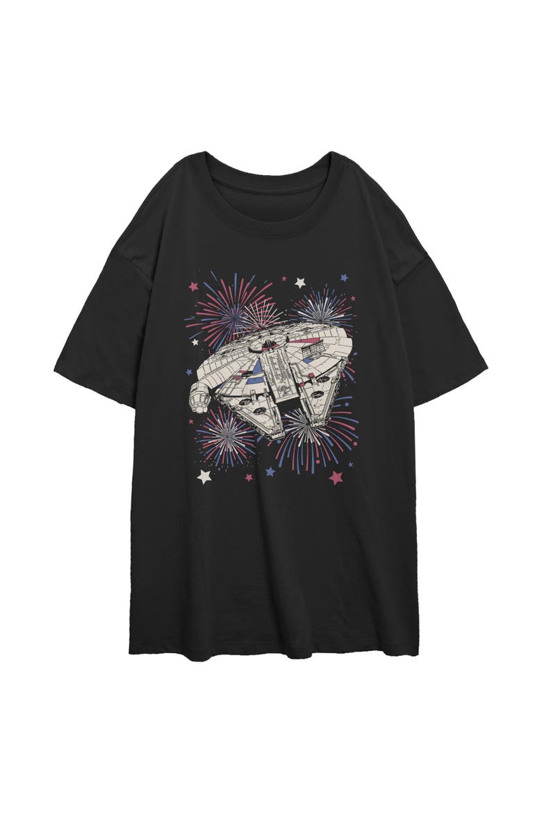 Junior's Festive Fireworks Falcon Short Sleeve Oversized T-Shirt, Main, color, Black