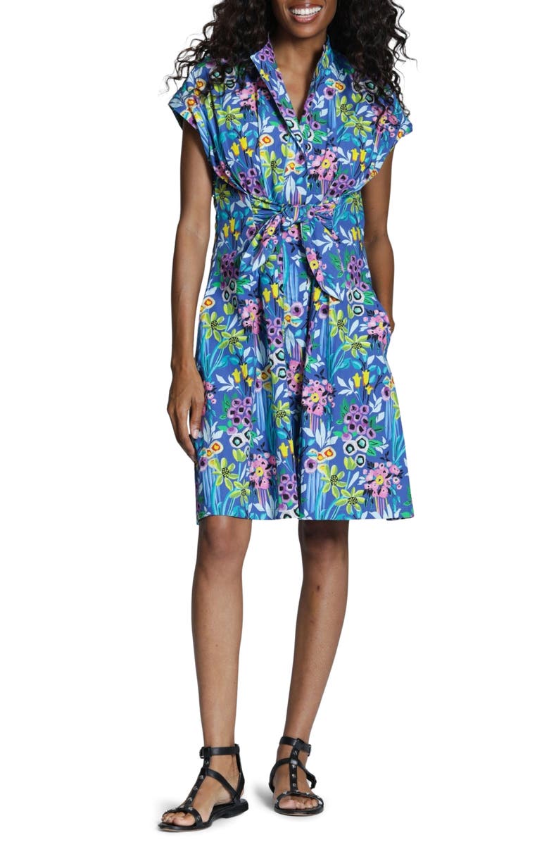 APNY Floral Print Belted A-Line Dress, Main, color, Blue Multi