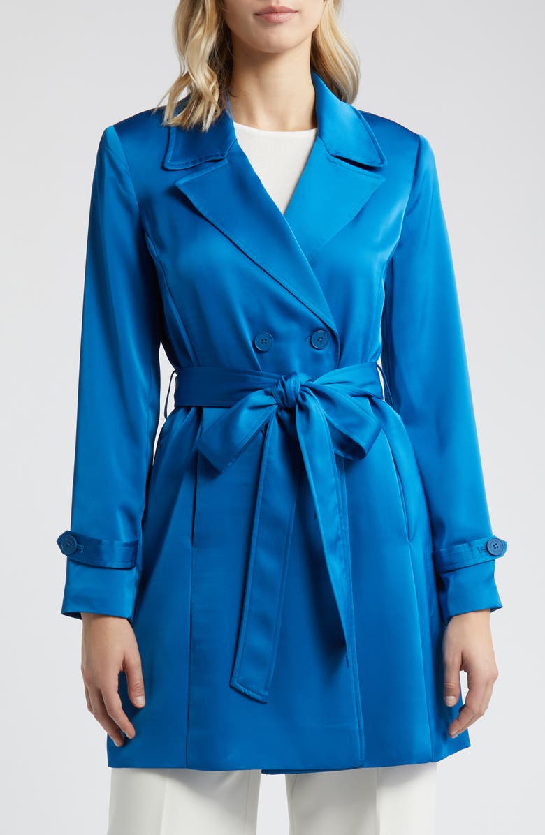 Tahari ASL Satin Trench Coat, Main, color, French Blue