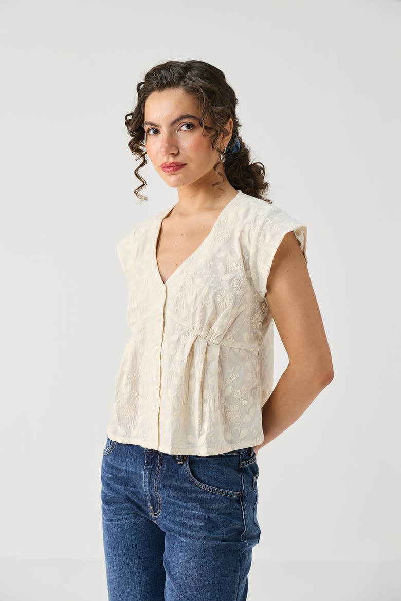 Embroidered Deep V-Neck Cotton Top, Alternate, color, Embroidered  Cotton White