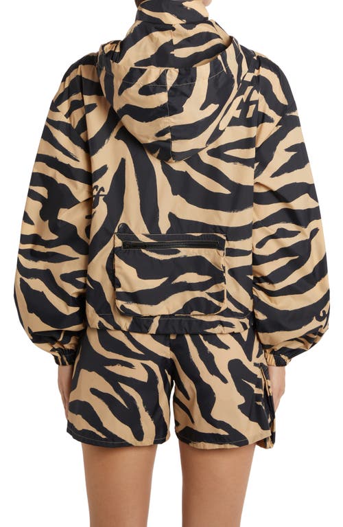 Off-white Hooded Zebra Stripe Balloon Sleeve Jacket In Beige Black