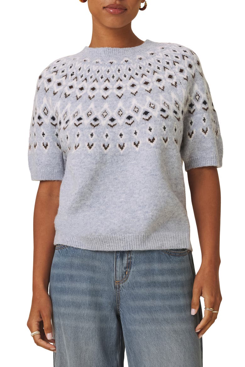 Fair Isle Short Sleeve Sweater, Main, color, LIGHT BLUE