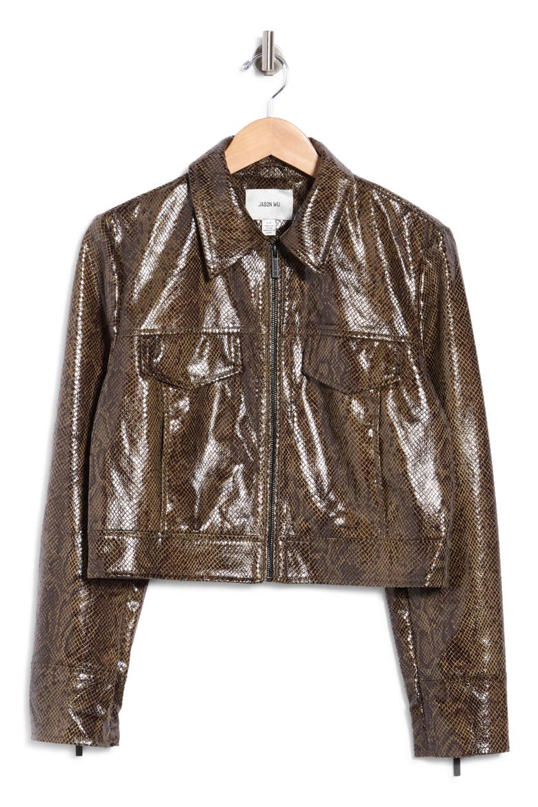 Faux Leather Full Zip Jacket, Main, color, DEEP OLIVE/ BLACK