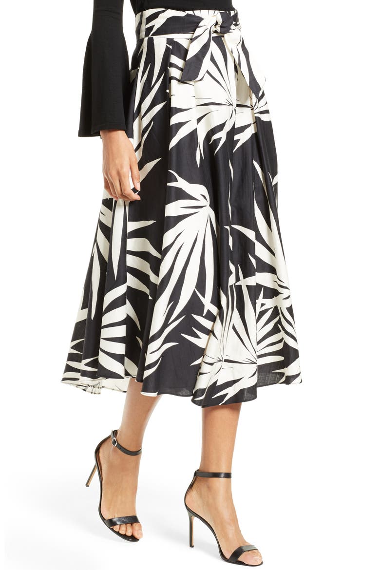 Jackie Palm Print Midi Skirt, Alternate, color, BLACK