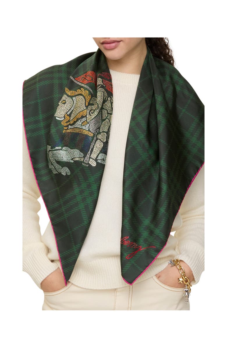 Burberry Crystal EKD Check Silk Scarf, Alternate, color, Brigade Green