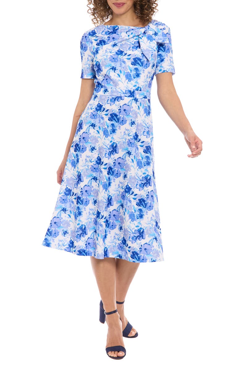 London Times Floral Tie Neck Short Sleeve Fit & Flare Midi Dress |  Nordstromrack