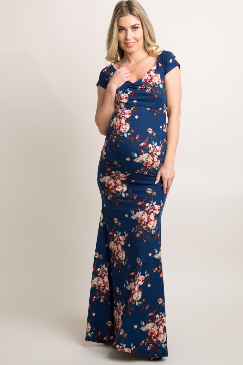 Floral Off Shoulder Wrap Maternity Photoshoot Gown/Dress, Alternate, color, Navy Blue