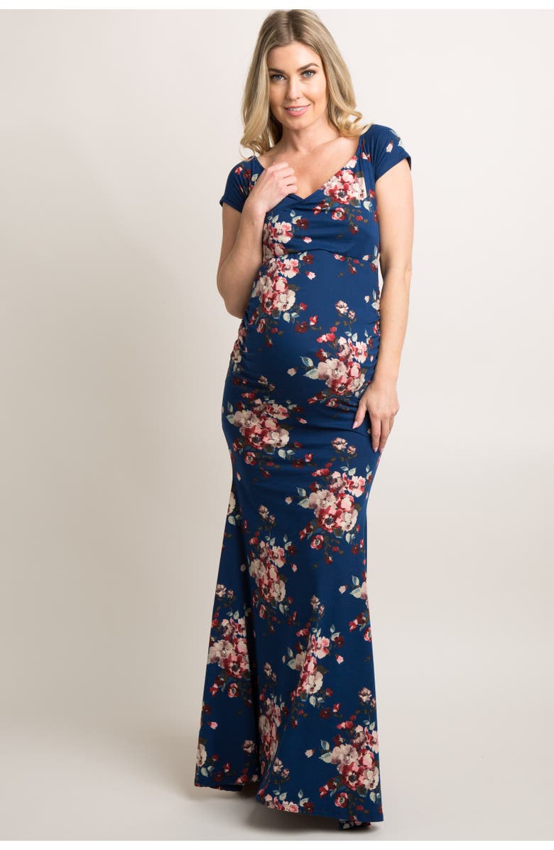 PinkBlush Floral Off Shoulder Wrap Maternity Photoshoot Gown/Dress, Alternate, color, Navy Blue