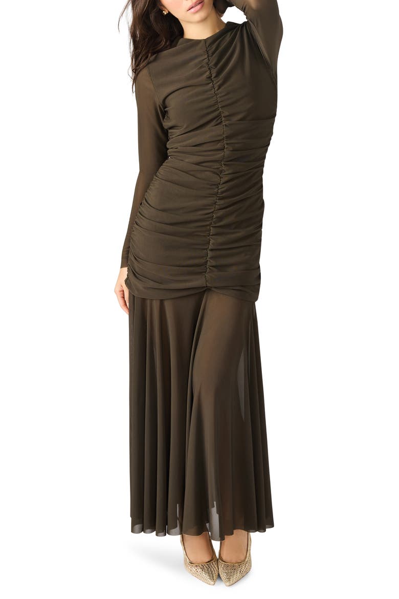 Kiara Ruched Long Sleeve Maxi Dress, Main, color, DARK ESPRESSO