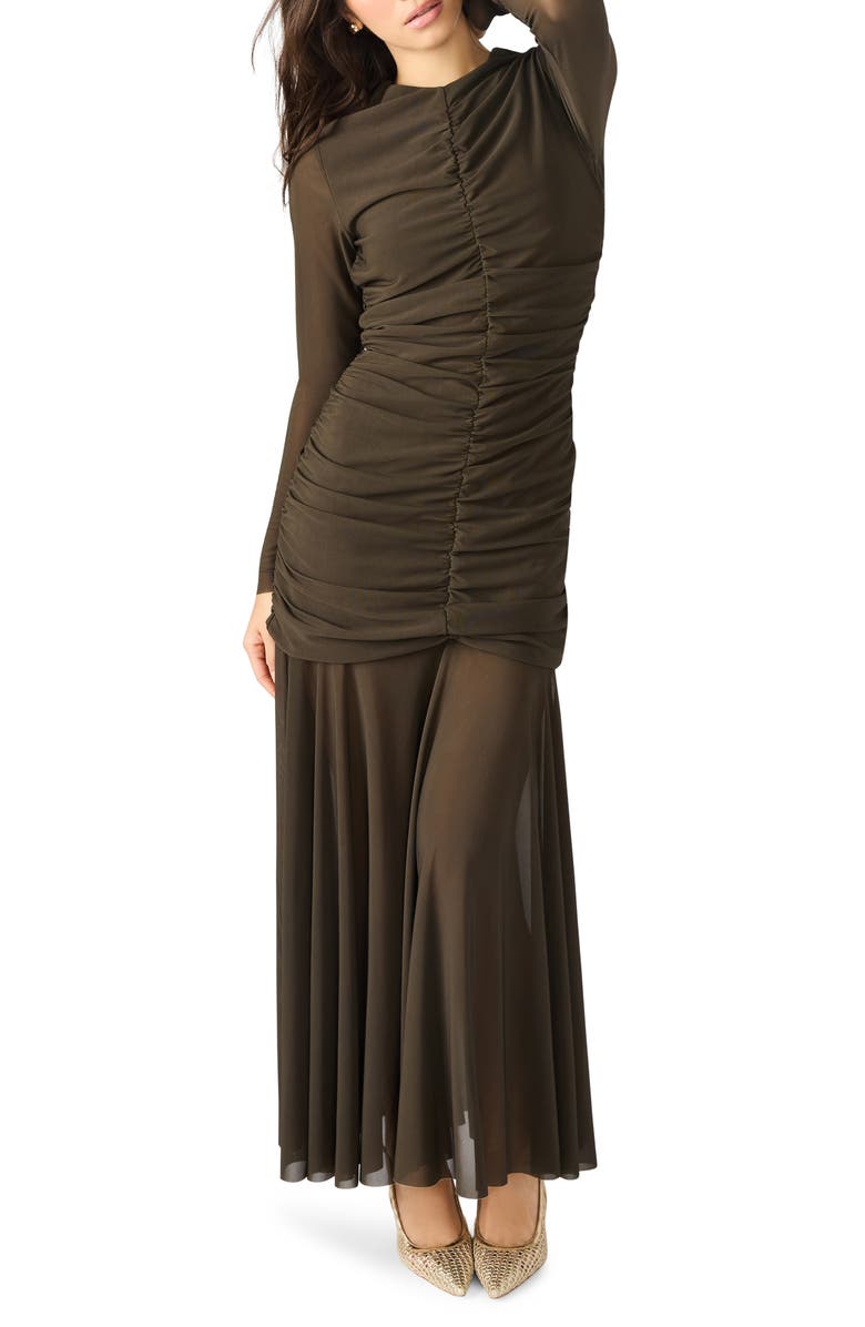 Steve Madden Kiara Ruched Long Sleeve Maxi Dress, Main, color, Dark Espresso