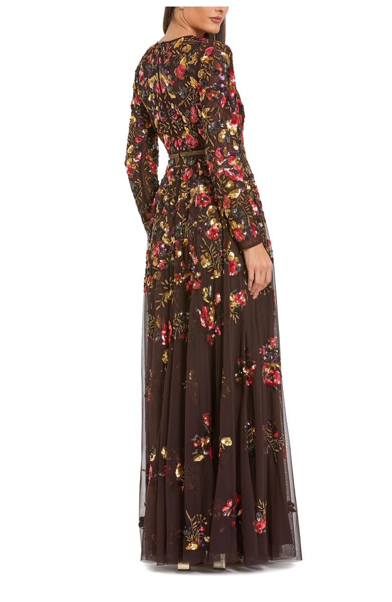Mac Duggal Long Sleeve Floral Embellished Evening Gown, Alternate, color, Espresso Multi