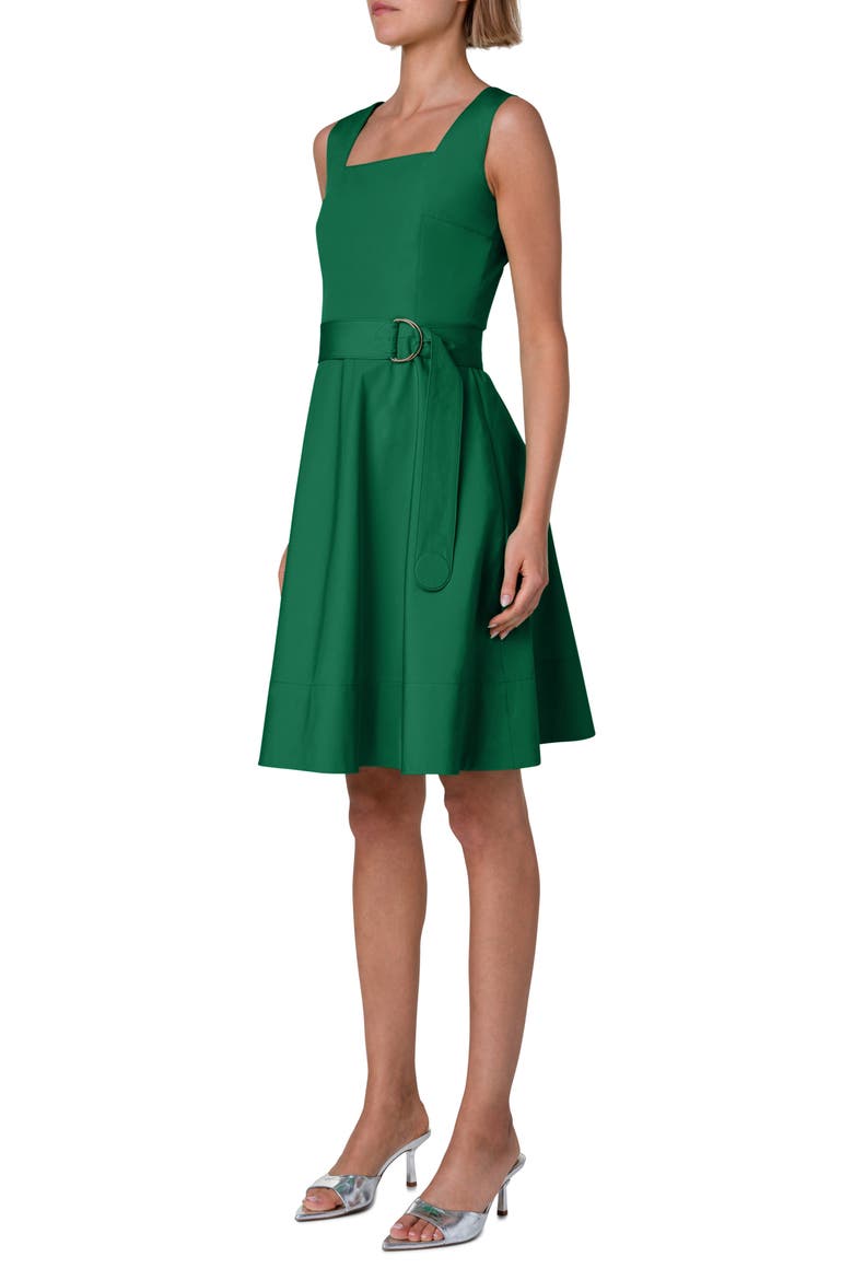 Belted Square Neck Cotton Fit & Flare Dress, Alternate, color, LEAF GREEN