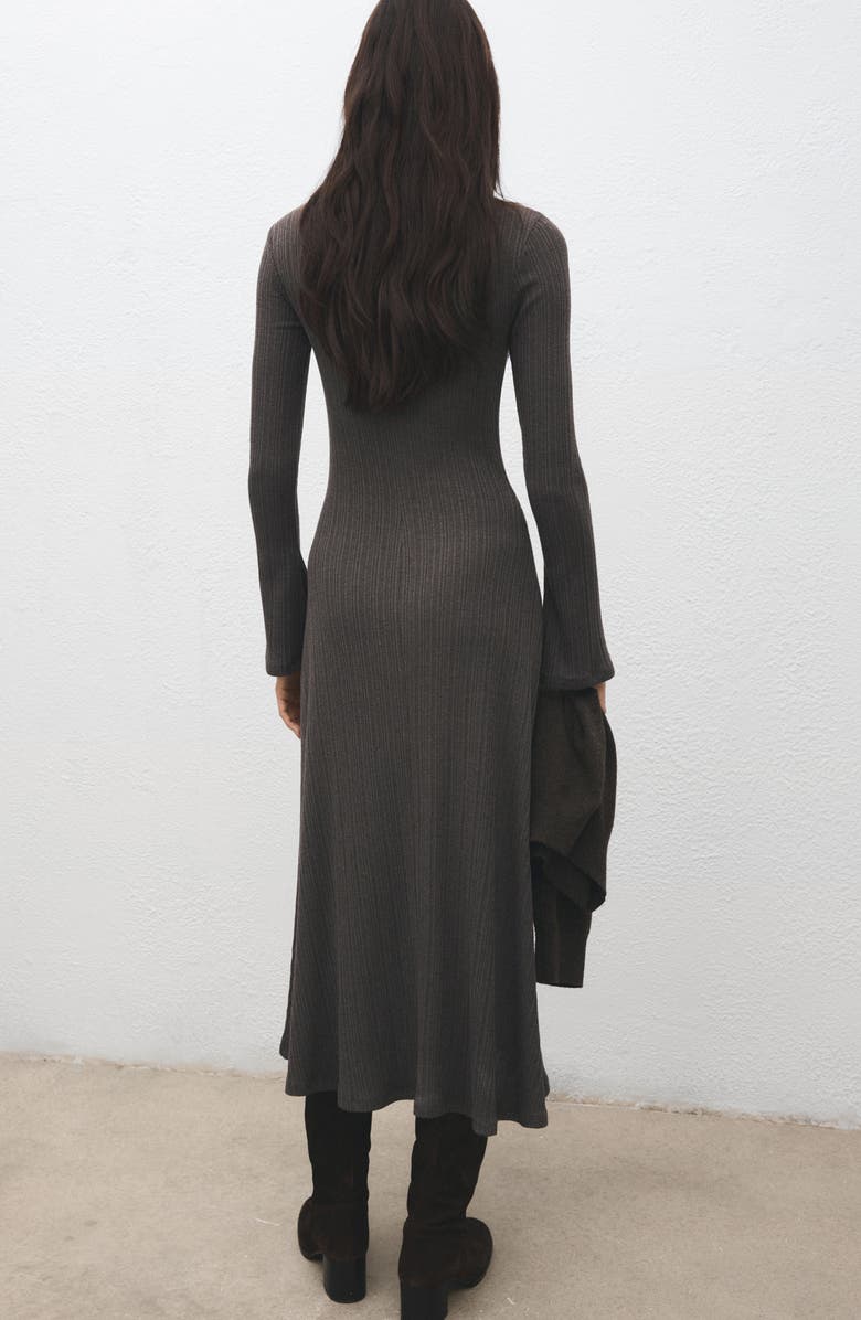 MANGO Long Sleeve Rib Midi Dress, Alternate, color, Medium Brown