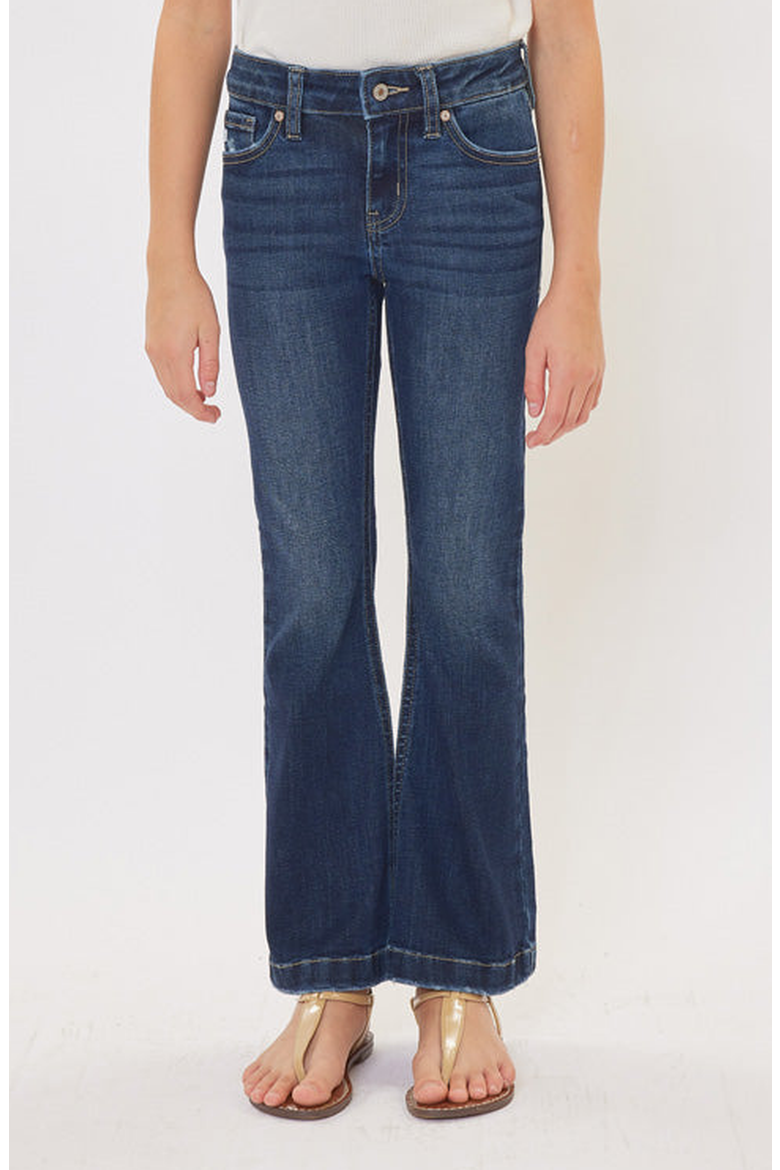 Aster Mid Rise Kids Flare Jeans, Main, color, Dark Wash