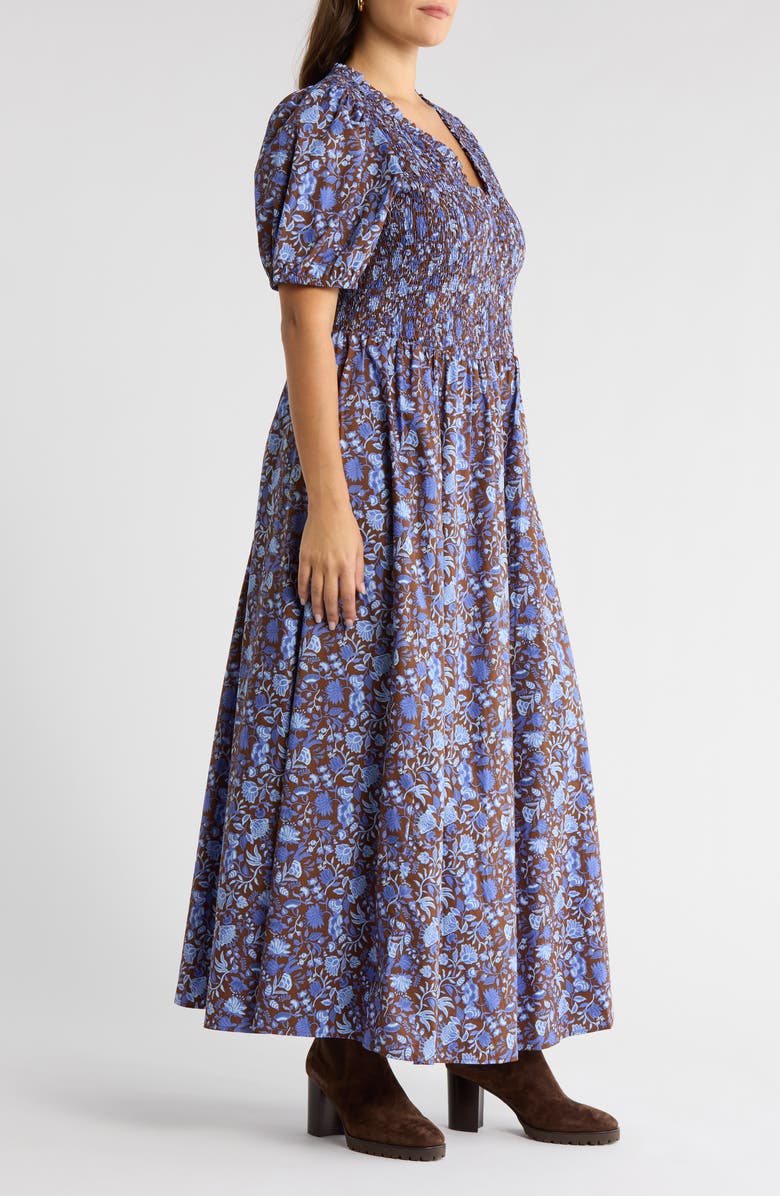 SUGARLIPS Bruceton Floral Print Smocked Dress, Alternate, color, Brown-Blue