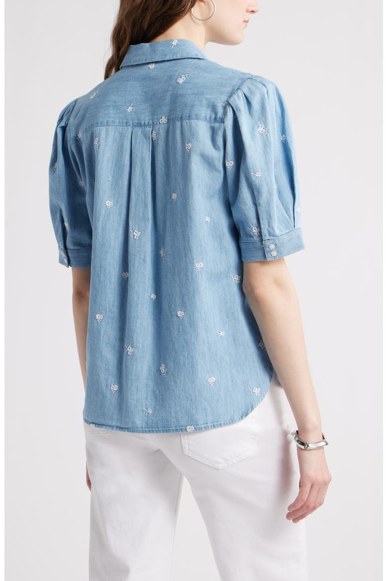 Embroidered Short Sleeve Chambray Button-Up Shirt, Alternate, color, LIGHT WASH