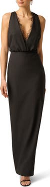 Adrianna Papell Plunge Neck Lace Trim Crepe Column Gown