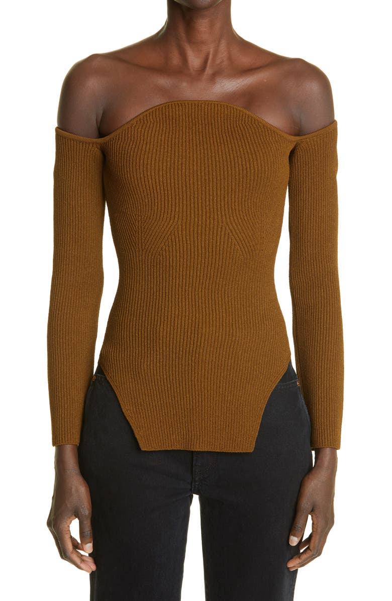 Khaite The Maria Off the Shoulder Rib Sweater, Main, color, 