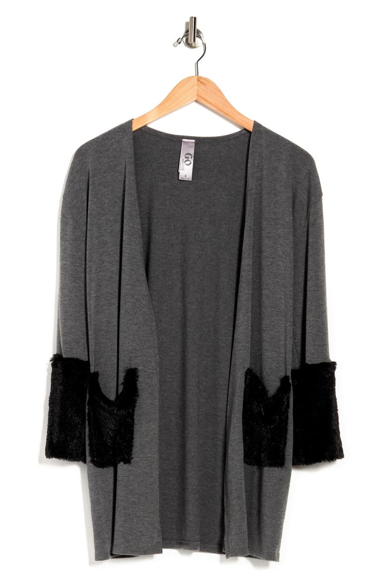 Long Sleeve Double Stitch Faux Fur Cardigan, Alternate, color, CHARCOAL BTTM BLACK