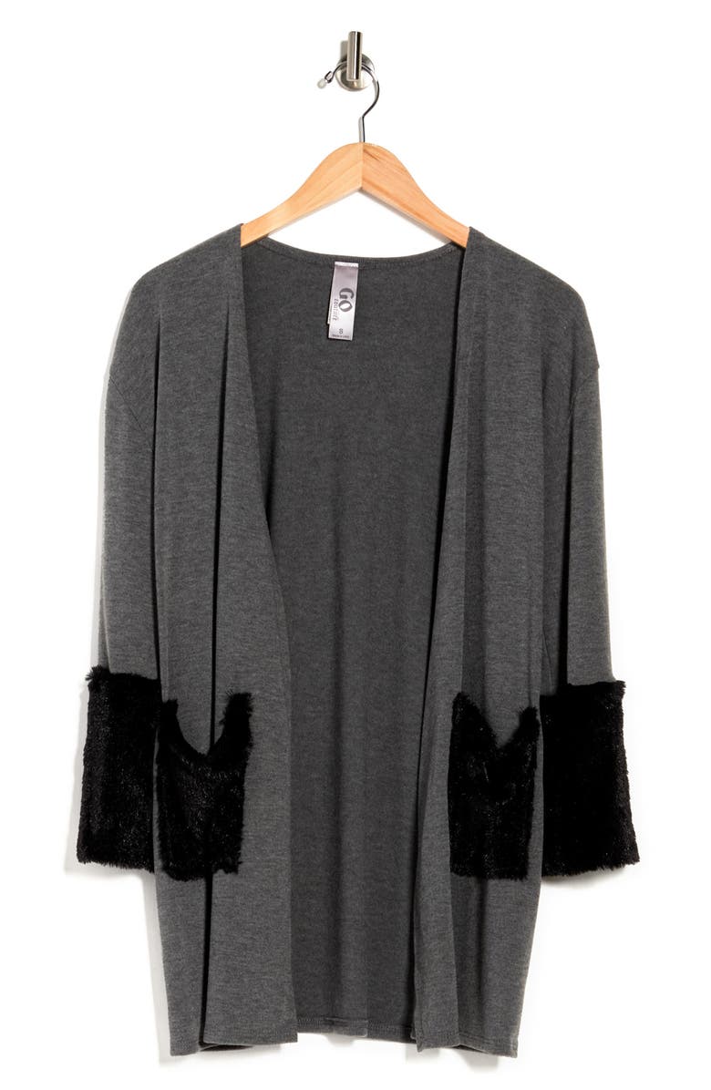 GO COUTURE Long Sleeve Double Stitch Faux Fur Cardigan, Alternate, color, Charcoal Bttm Black