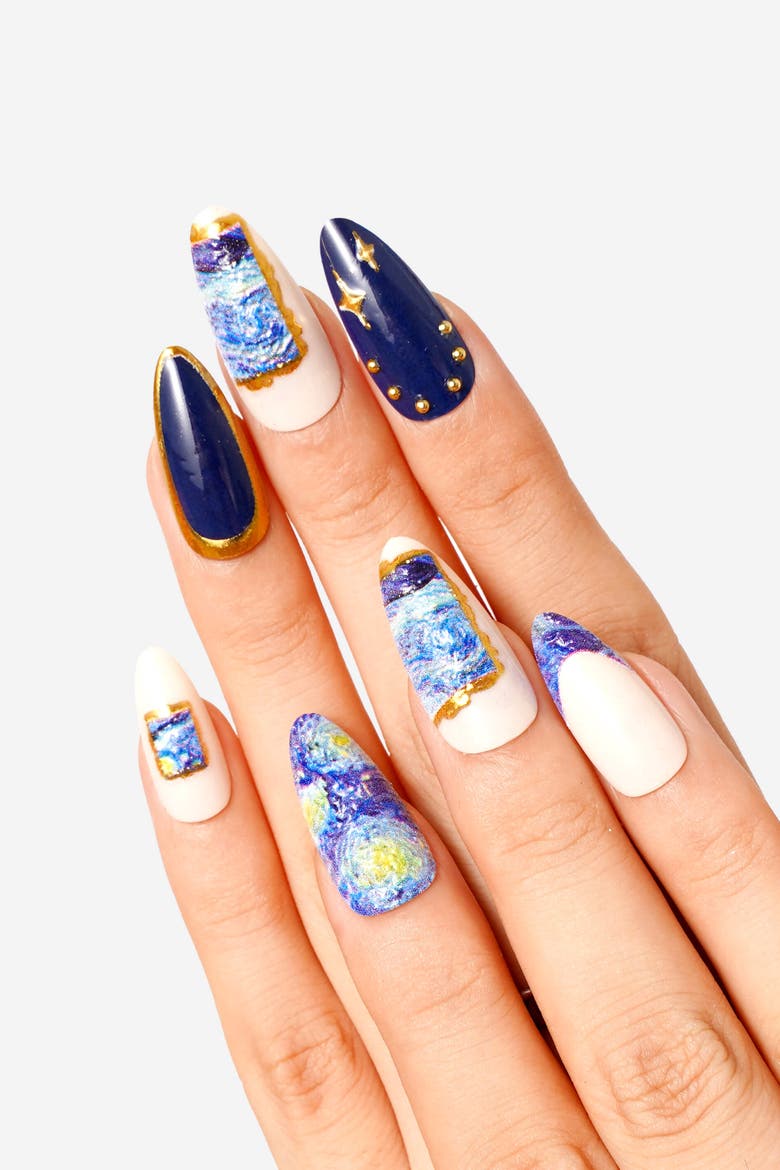 Van Gogh The Starry Night Almond Press On Nails, Alternate, color, Blue