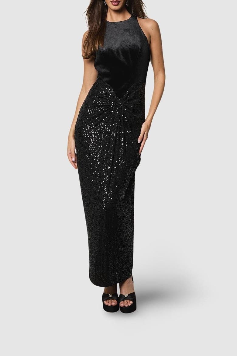 Velvet Halter Sequin Maxi Dress, Alternate, color, Black