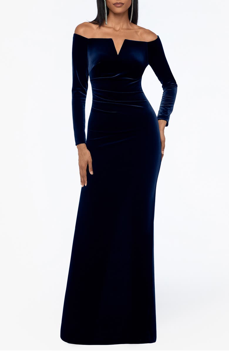 Xscape Evenings Off the Shoulder Long Sleeve Velvet Gown, Main, color,