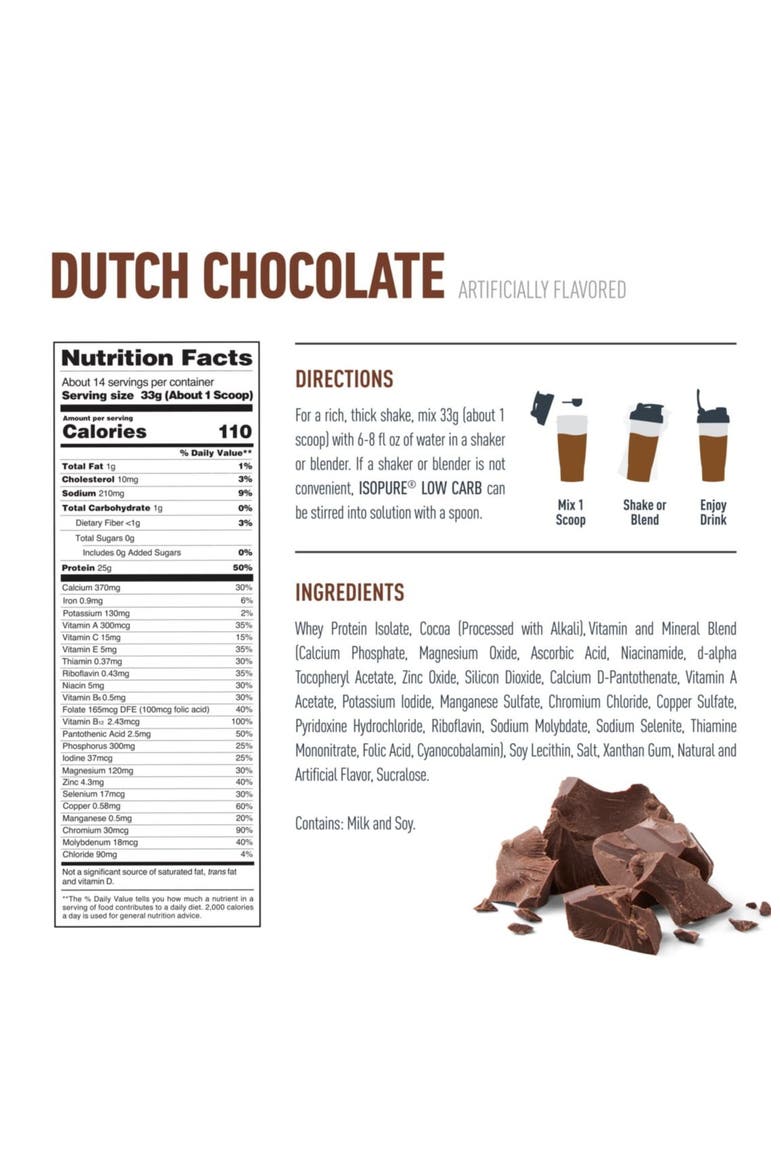 Low Carb 100% Whey Protein Isolate Powder Dutch Chocolate, Alternate, color, None