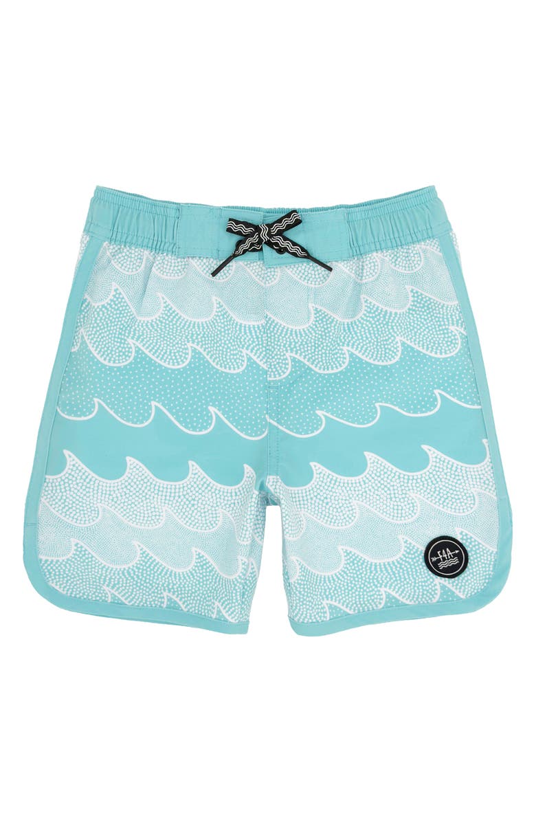 Feather 4 Arrow Kids' Scallop UPF 50+ Board Shorts, Main, color, Sea Jet