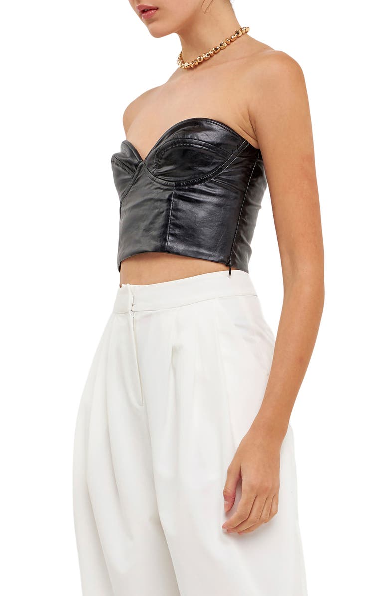 Grey Lab Strapless Faux Leather Bustier Crop Top, Alternate, color, Black