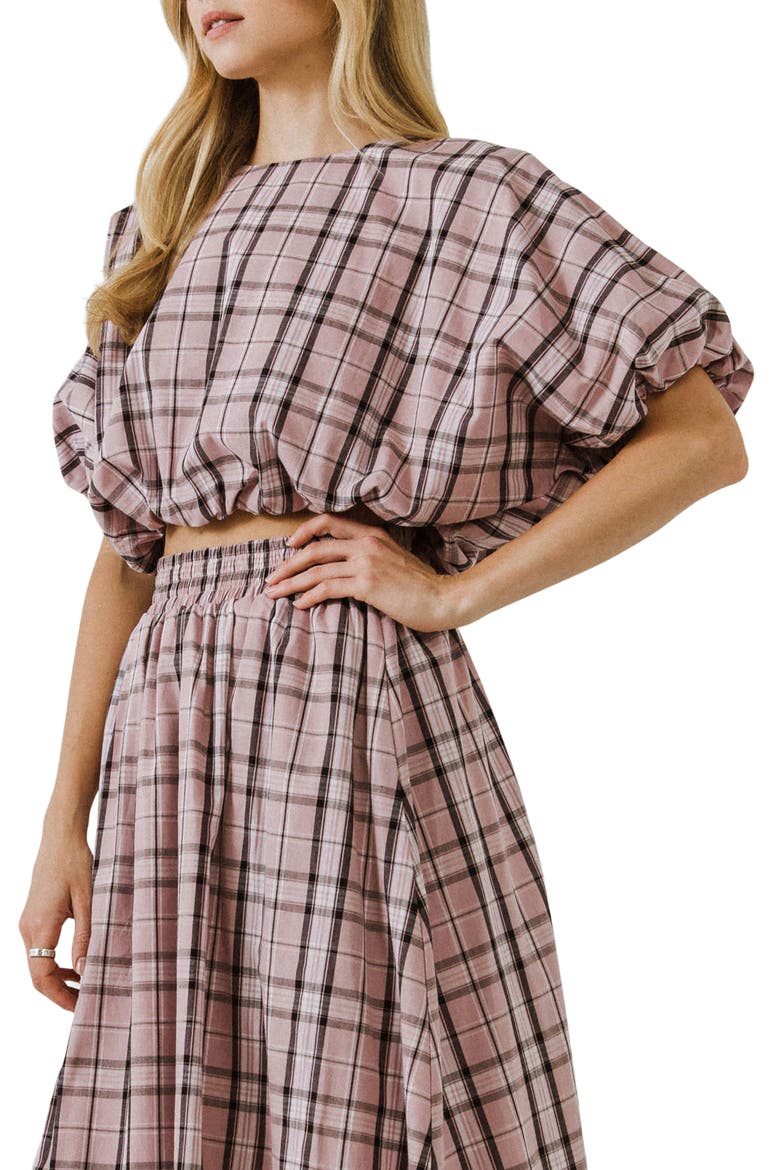 Plaid Puff Sleeve Crop Top, Alternate, color, PINK MULTI