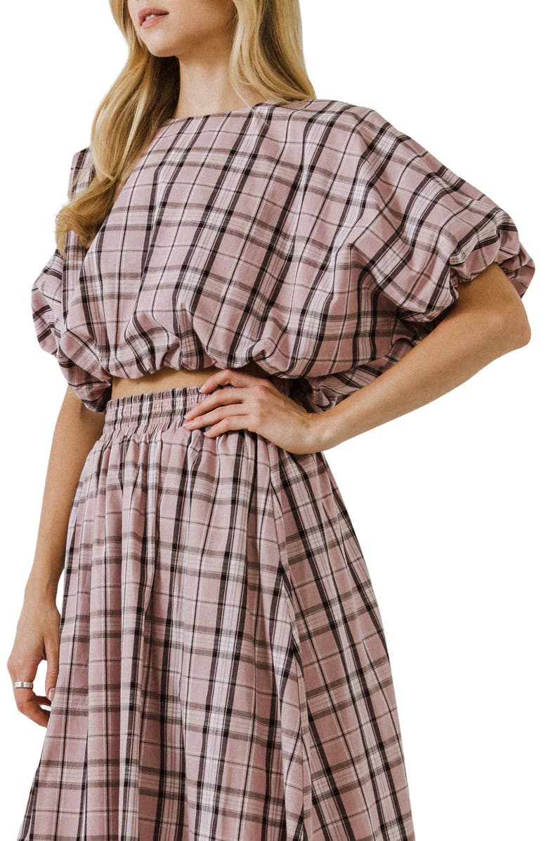 English Factory Plaid Puff Sleeve Crop Top, Alternate, color, Pink Multi