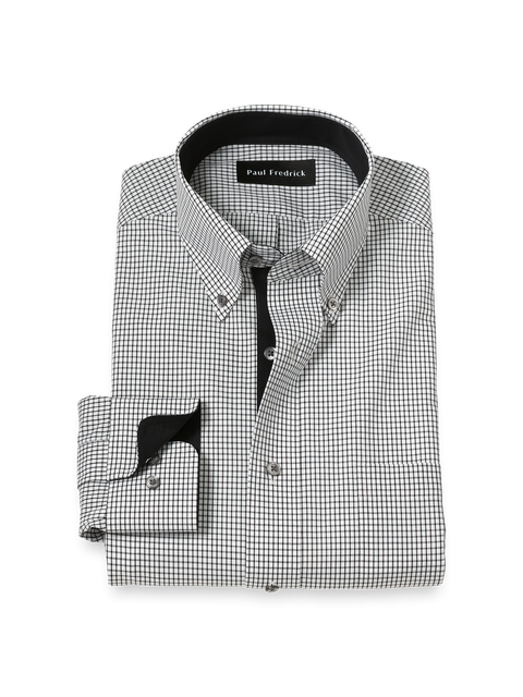 Cotton Buttondown Collar Broadcloth Classic Contrast Trim Button Cuff Long Sleeve Shirt