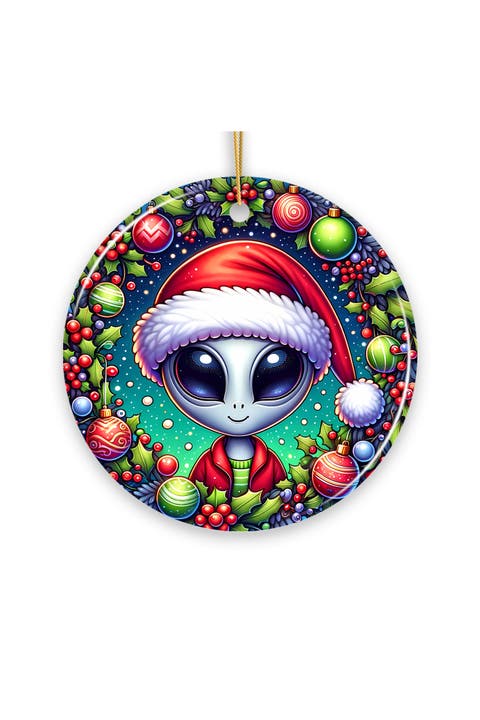 Santa Hat Alien Holly Wreath Ceramic Ornament