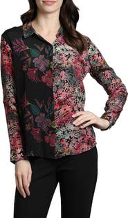 APNY Abstract Print Roll Tab Sleeve Chiffon Button-Up Shirt