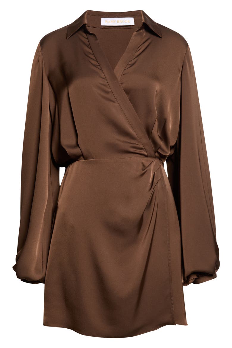 Carolyn Wrap Front Long Sleeve Satin Dress, Alternate, color, HERITAGE BROWN
