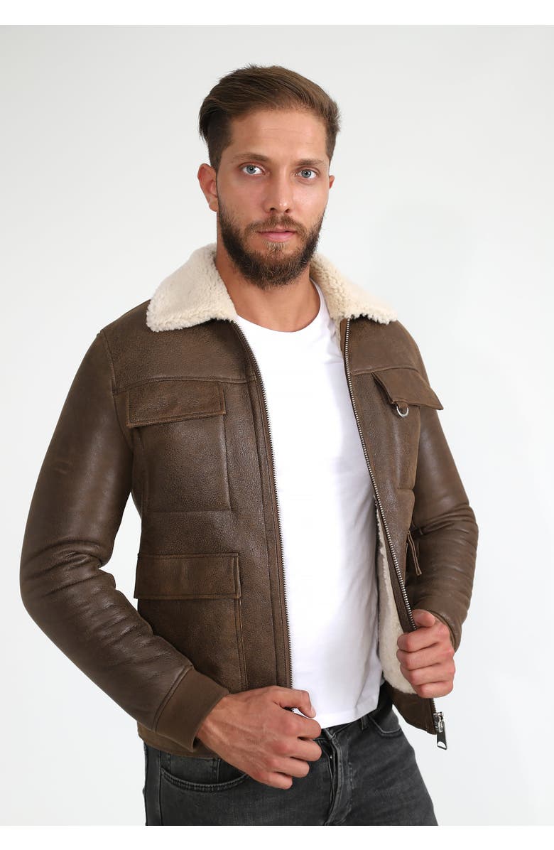 Furniq UK Percival Grained Shearling Jacket, Main, color, Camel Brown