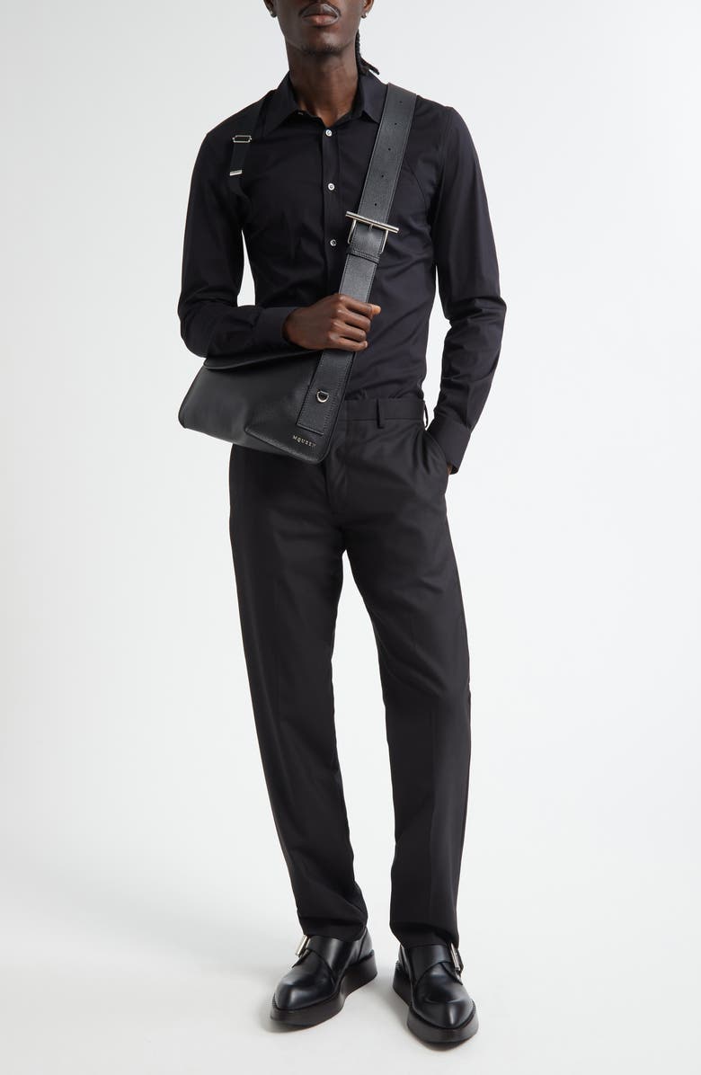 McQueen Logo Tape Harness Stretch Cotton Button-Up Shirt, Alternate, color, Black