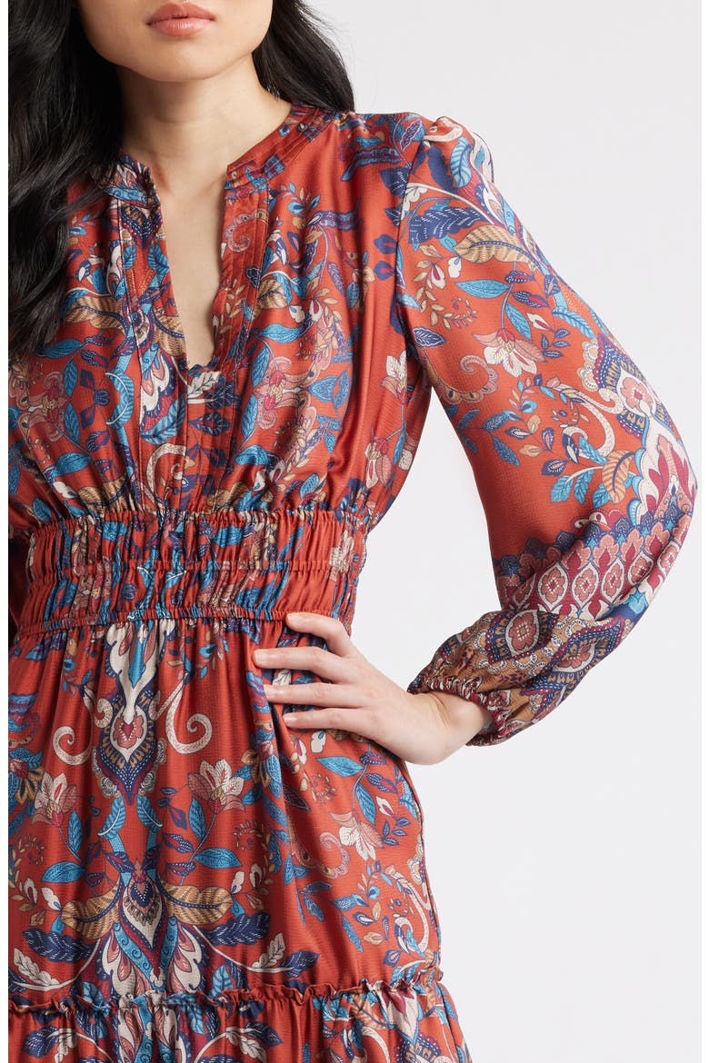 Paisley Floral Long Sleeve Tiered Dress, Alternate, color, RUST MULTI
