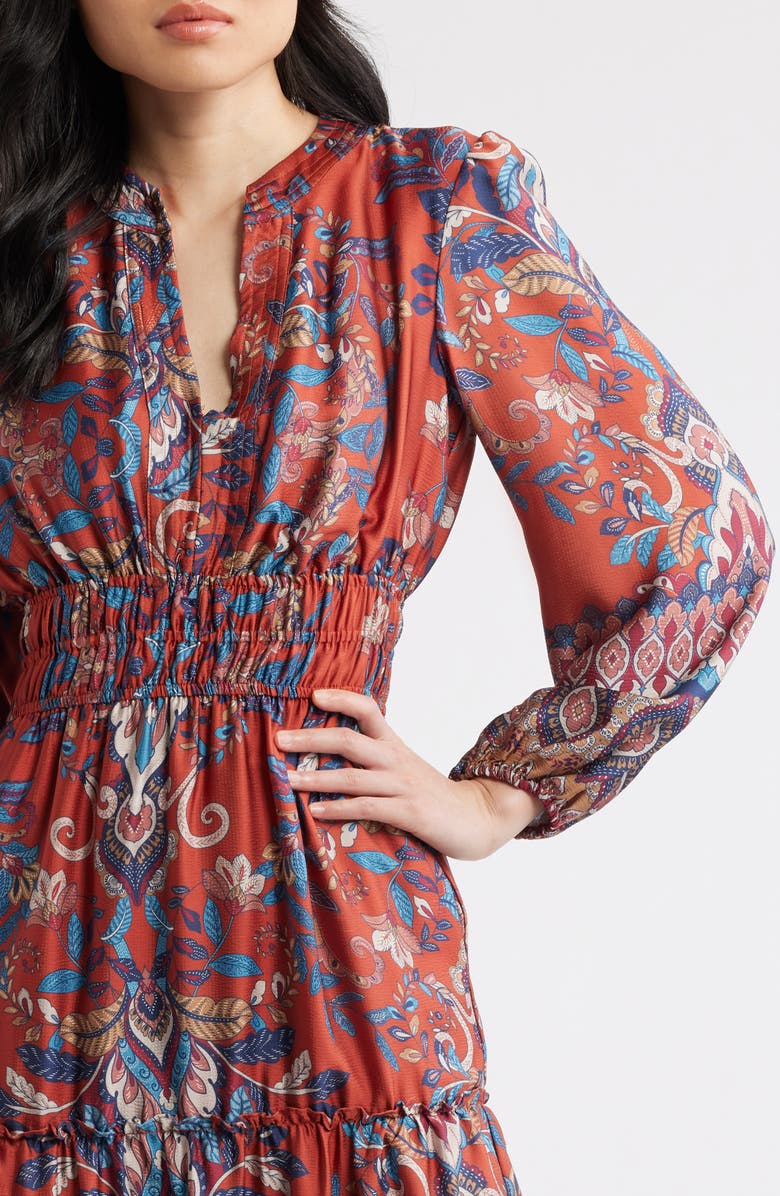 Julia Jordan Paisley Floral Long Sleeve Tiered Dress, Alternate, color, Rust Multi