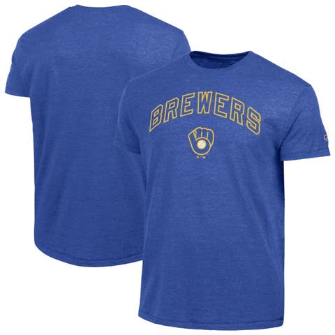 Men's Champion  Royal Milwaukee Brewers Cooperstown Wordmark Lockup Tri-Blend T-Shirt