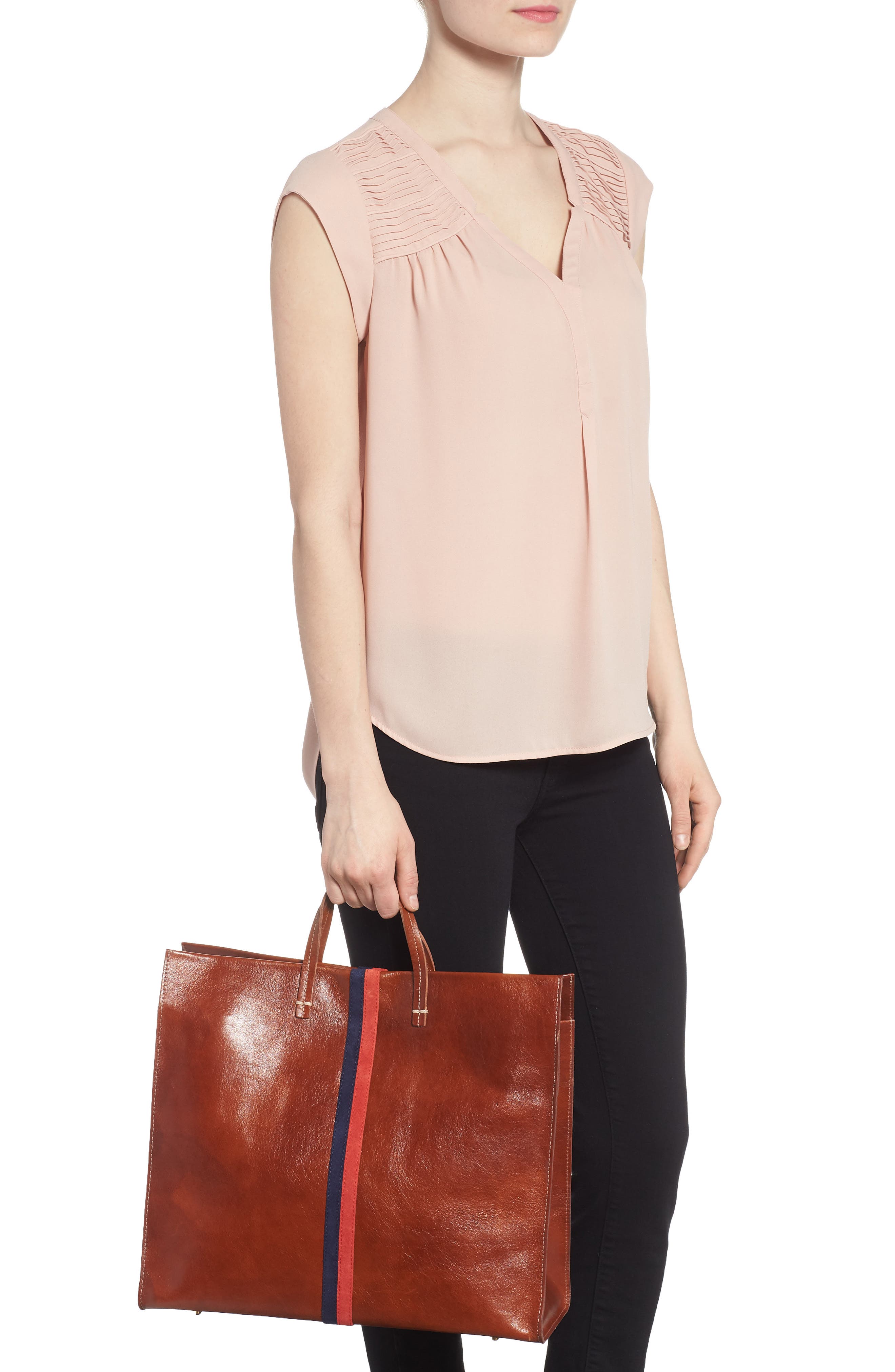 Clare V. Rustic Simple Stripe Leather Tote, Alternate, color, 