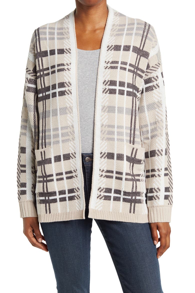Willow Plaid Open Sweater, Main, color, IVORY/WHITE/BLACK