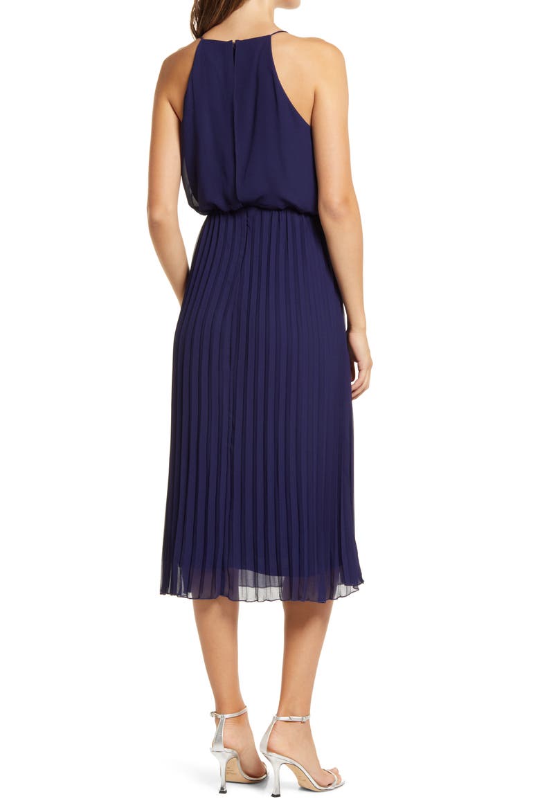 Sleeveless Pleated Midi Dress, Alternate, color, NAVY