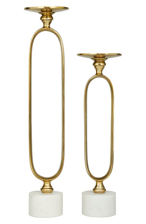 Goldtone Aluminum Paper Clip Pillar Candle Holder with Marble Base - Set of 2