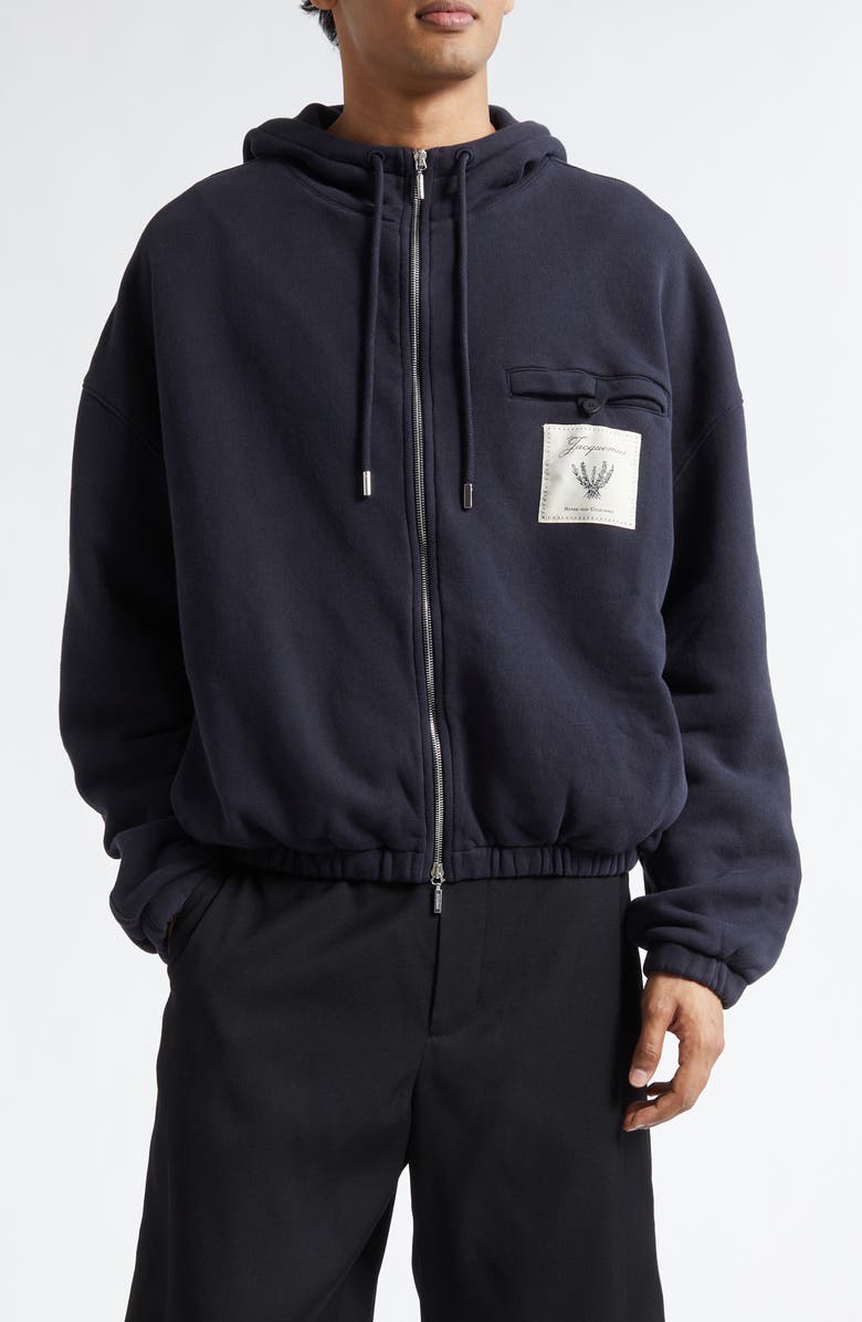 Jacquemus Le Hoodie Torneo Logo Patch Cotton Zip Hoodie, Main, color, Rosemary Label Dark Navy