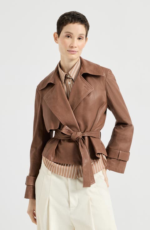 Vintage nappa leather cropped trench with monili