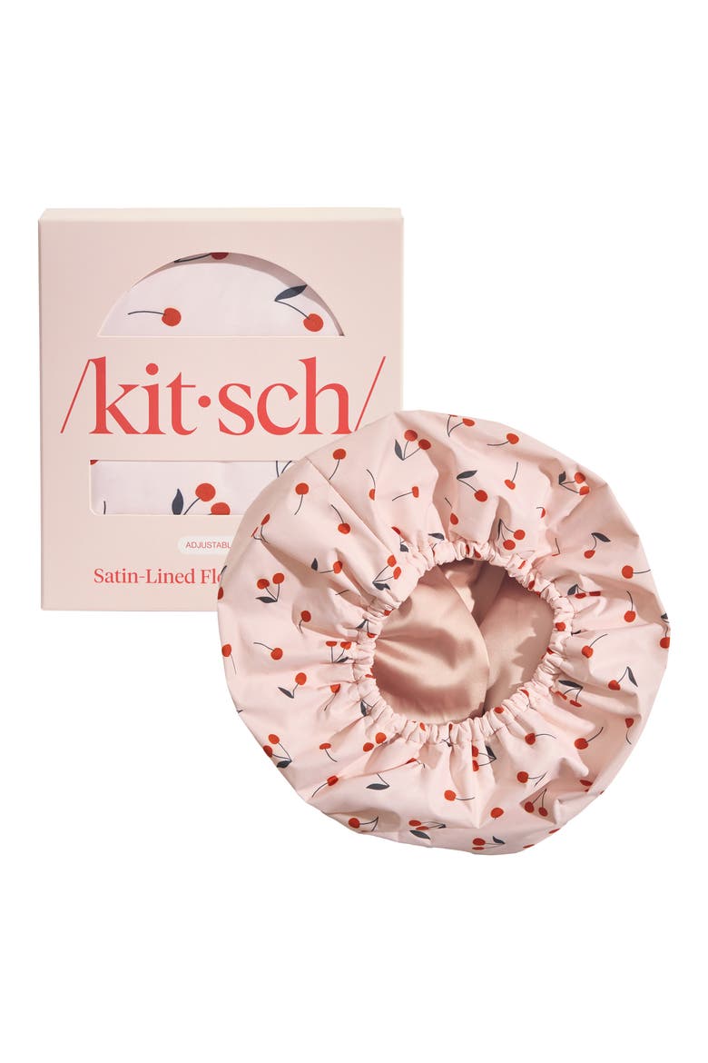 Satin-Lined Flexi Shower Cap, Alternate, color, CHERRY PRINT